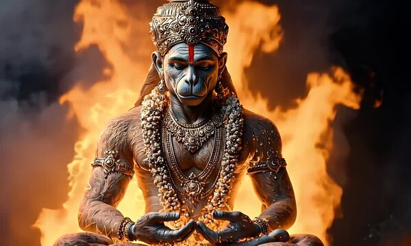 Meditative Hanuman amidst flames, spiritual power, Hindu deity