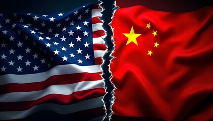 ripped usa and chinese flags with glowing crack, communism vs democracy 