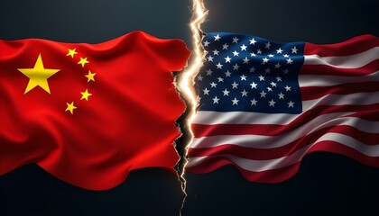 ripped usa and chinese flags with glowing crack, representing international disagreement
