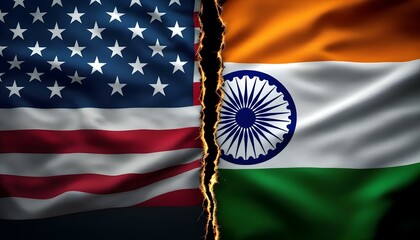 united states and india flags torn apart with dramatic fracture, conflict concept
