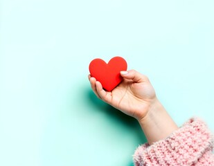 Fototapeta premium Hand holding a red heart against a pastel blue background, symbolizing love, care, and kindness. Horizontal minimalist design.