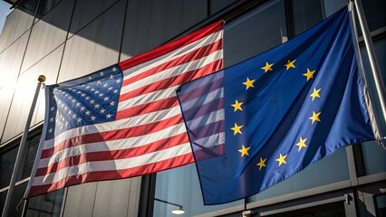 waving usa and european union flags meeting in the middle, symbolizing global cooperation
