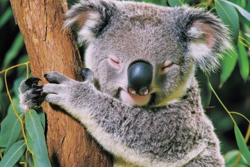 Obraz premium A cuddly koala nestled in the fork of a eucalyptus tree, chewing on leaves with a content expression.