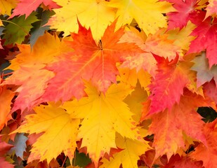 Fototapeta premium Colorful autumn leaves in shades of yellow, green, red, and orange, creating a vibrant seasonal texture. Horizontal composition.