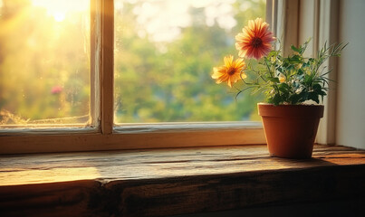 A pot of flowers bloomed on the windowsill, and the sun shone brightly