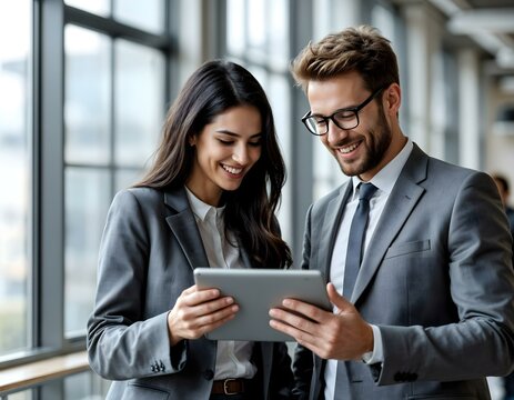 Professional colleagues in formal attire discussing work on a digital tablet in a modern office environment. Horizontal business scene.
