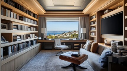 A chic home office featuring custom built-in bookshelves, plush seating, and stunning views, designed for a tranquil and motivating work environment.