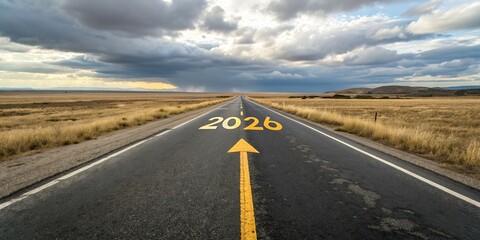 Fototapeta premium new year 2026 concept with yellow direction arrow on highway
