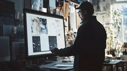 A creative director reviewing digital mockups on a large screen while surrounded by design materials