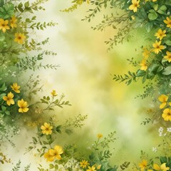 Obraz premium Blooming flowers in a yellow and green watercolor background spring landscape with a few scattered leaves on the ground, trees, green background