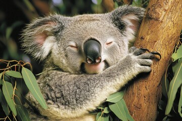 Fototapeta premium A cuddly koala nestled in the fork of a eucalyptus tree, chewing on leaves with a content expression.