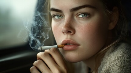 Obraz premium A young woman smoking in a car urban setting portrait photography intimate atmosphere close-up contemplation