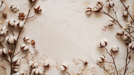 A flat lay of cotton branches on a textured background, creating a natural aesthetic.