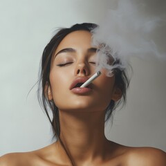 Obraz premium Contemplative woman smoking urban setting portrait dim lighting close-up personal reflection