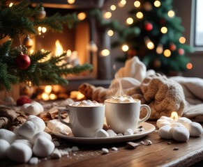 Fototapeta premium Cozy winter scene with a steaming cup of coffee and marshmallows near a Christmas tree, evergreen, warm light, winter