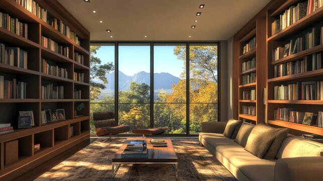 A contemporary home library with custom built-in shelves, comfortable seating, and scenic views, providing a peaceful and inspiring atmosphere.