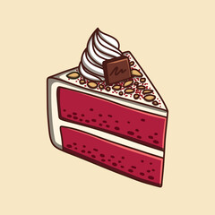 Sweet red velvet sliced ​​cake topped with chocolate bars and icing sugar