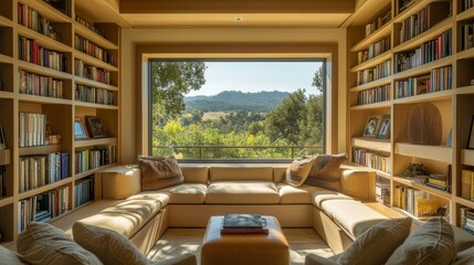 A contemporary home library with custom built-in shelves, comfortable seating, and scenic views, providing a peaceful and inspiring atmosphere.