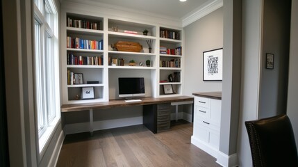 A contemporary home office featuring a minimalist bookshelf with open shelves, showcasing a clean and organized workspace with a touch of elegance. © Intach