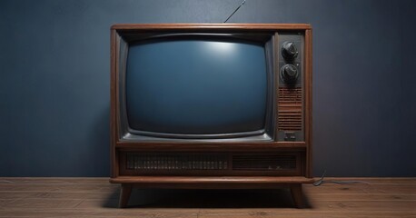 An old CRT television sitting on a vintage wooden cabinet in front of a dark blue background, TV stand, retro electronics, nostalgic decor