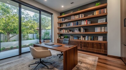 A contemporary home office featuring a minimalist bookshelf with open shelves, showcasing a clean and organized workspace with a touch of elegance. © Intach