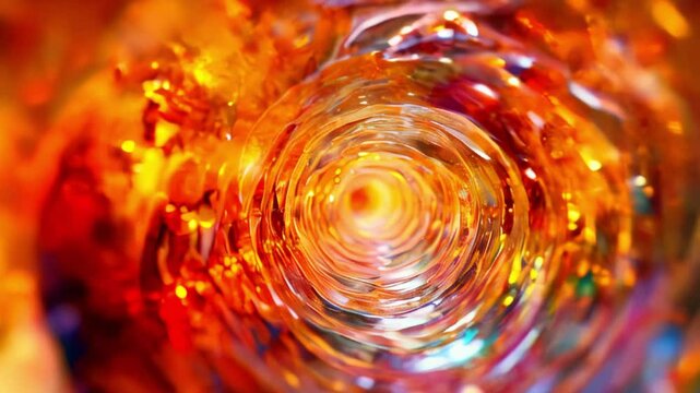 The spiral tunnel or funnel is decorated in warm colors. Shades of orange, red and yellow predominate, with iridescences of other colors that are visible in depth.