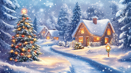 Fototapeta premium Snowy Village with Christmas Tree and Cozy Lights