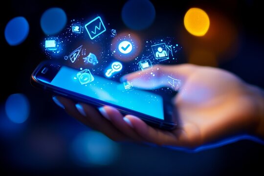Hand holding smartphone with glowing digital icons.