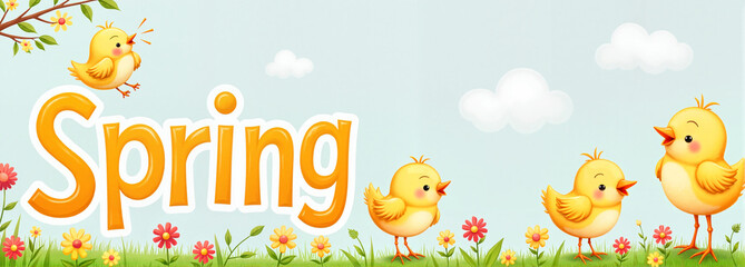 Charming cartoon chicks celebrating spring on a colorful background