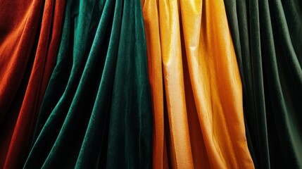 Fototapeta premium Create a rich, elegant close-up of velvet fabrics transitioning from emerald to amber, from above.