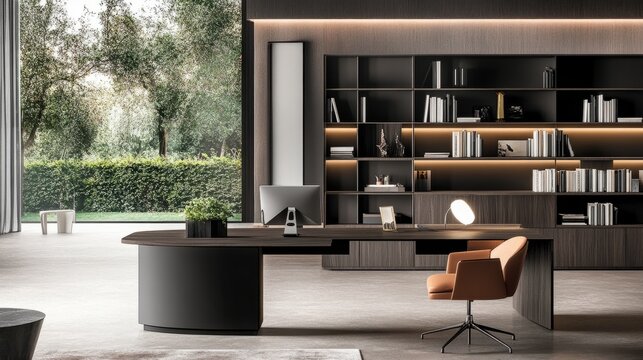 A contemporary home office with a minimalist bookshelf, open shelves offering a stylish and functional storage solution in the uncluttered space.