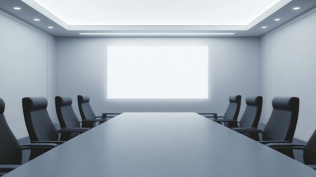 Sleek conference room with a long table, office chairs and a bright presentation screen