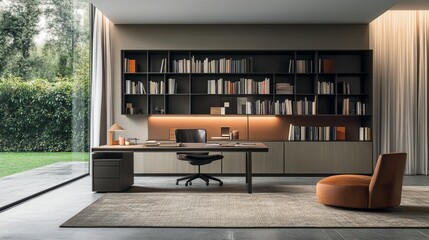 A contemporary home office with a minimalist bookshelf, open shelves offering a stylish and...