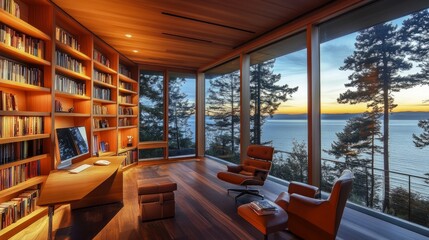 A contemporary home office/library with custom built-in bookshelves, cozy seating, and stunning views, designed to provide a serene and stylish workspace