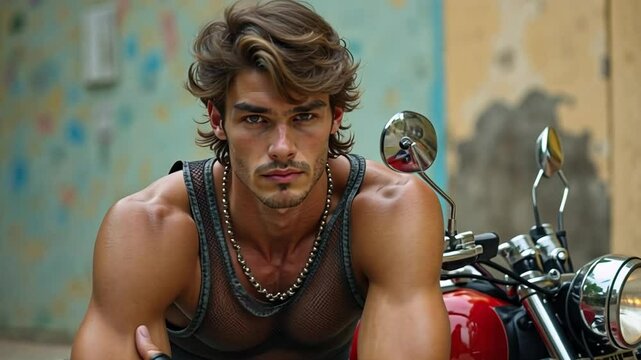 A confident male model poses in a sleeveless mesh top and acid-washed jeans, with a vintage motorcycle reflecting the 1990s.