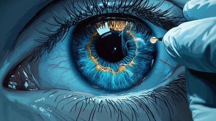 Close-up of microscope eyepiece with gloved hand placing slide in sterile setting