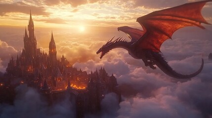 Majestic red dragon soaring above a fantasy castle at sunset.