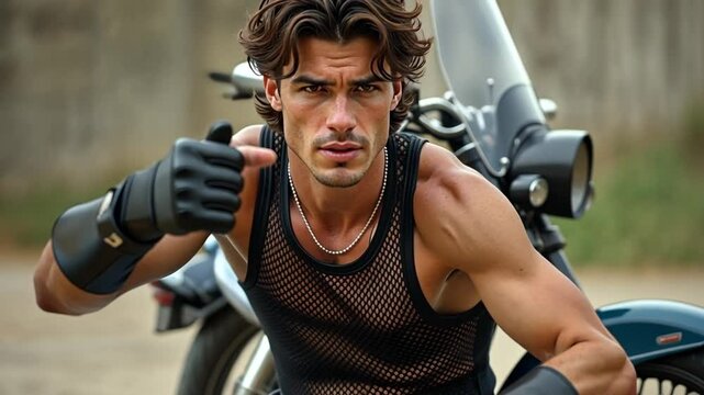 A confident male model poses in a sleeveless mesh top and acid-washed jeans, with a vintage motorcycle reflecting the 1990s.