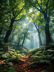 Obraz premium Dense forest canopy with sunlight filtering through the leaves and dappled shadows on the forest floor, shade, forest canopy, trees, leafy branches