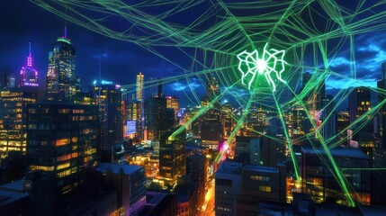 Cityscape Laser Spiderweb Cybersecurity Threat