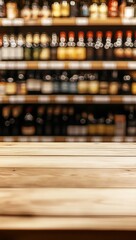 Wooden table with blurred liquor store background.
