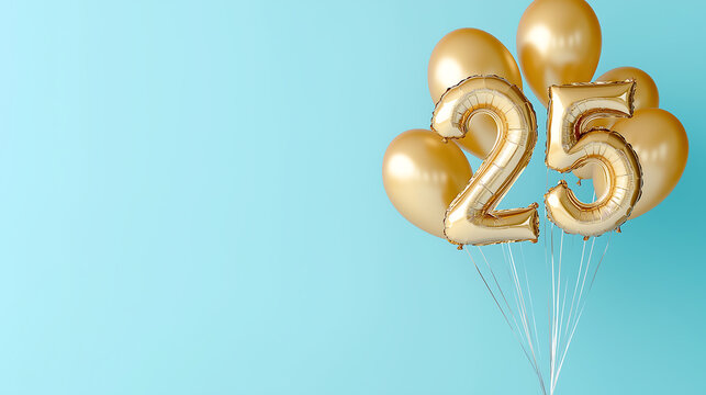 Golden balloons displaying the number 25 against a light blue background for a birthday celebration or milestone event