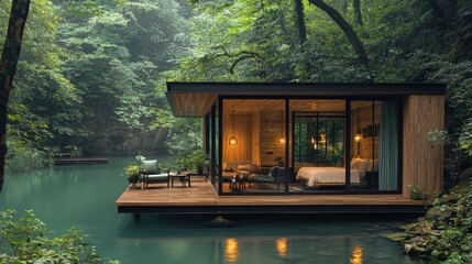 Modern wooden cabin with glass walls surrounded by lush greenery, built over a serene turquoise water body, blending contemporary architecture with natural tranquility.