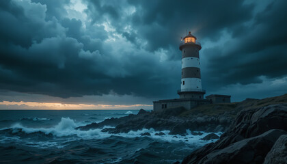 Obraz premium Beacon of Hope: Lighthouse Stands Strong Against Stormy Seas at Dusk