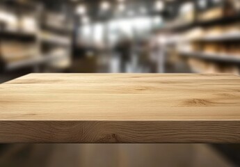 Empty wooden table top against blurred supermarket background.