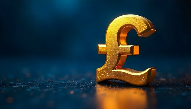 Golden pound sterling symbol glowing with light reflections, contrasting a dark blue backdrop