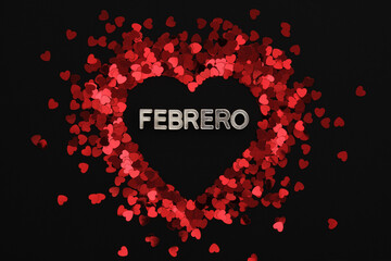 White metal letter Febrero, February in Spanish, in a red confetti heart