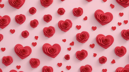 pattern of hearts and roses on a pink background.
