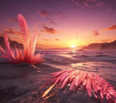 Feathers of pink and orange float across the horizon, colorful, whimsical