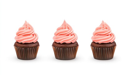 Three delicious chocolate cupcakes with pink frosting arranged on a white background
